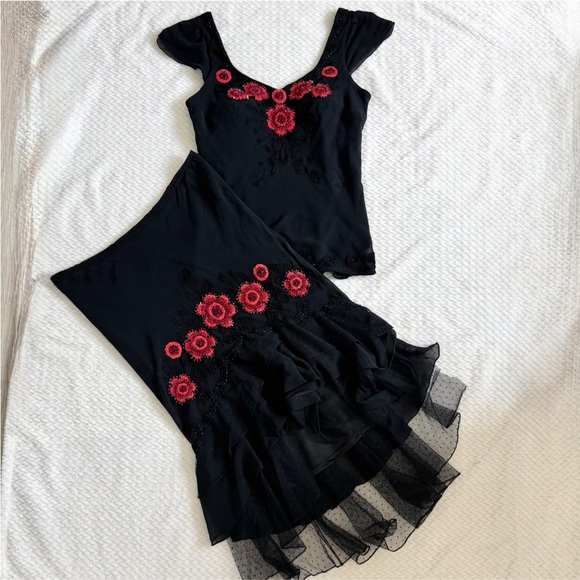 VTG Sue Wong Silk Beaded Embroidered Skirt Top 6 Black Whimsigoth Coquette Dress - Picture 4 of 17